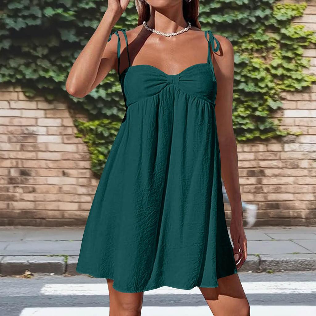 Women's Casual Loose Fit Sleeveless Tie Strap Dress Lightweight Breathable Fabric Summer Dress with Adjustable Shoulder Straps and Flared Hem