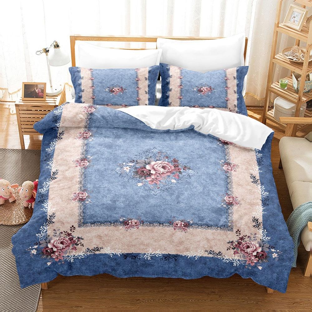 Vintage Court Print Bettbezug, Digitaldruck Blume Feder Dreiteiliges Set