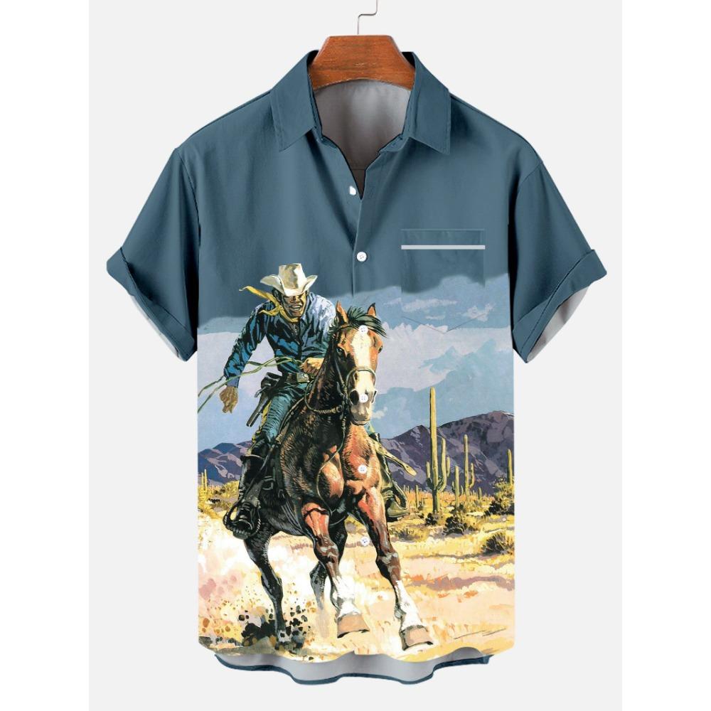 2024 Men's Casual Retro Equestrian Cowboy Poster Shirts 3D Print Turndown Collar Shirt Short Sleeve Shirt Summer Shirts For Boys