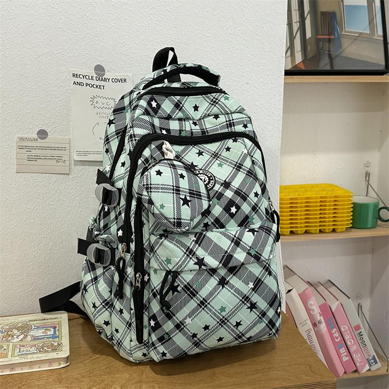 Large Capacity Plaid Backpack Women's Star Printed Student School Bag with Coin Purse