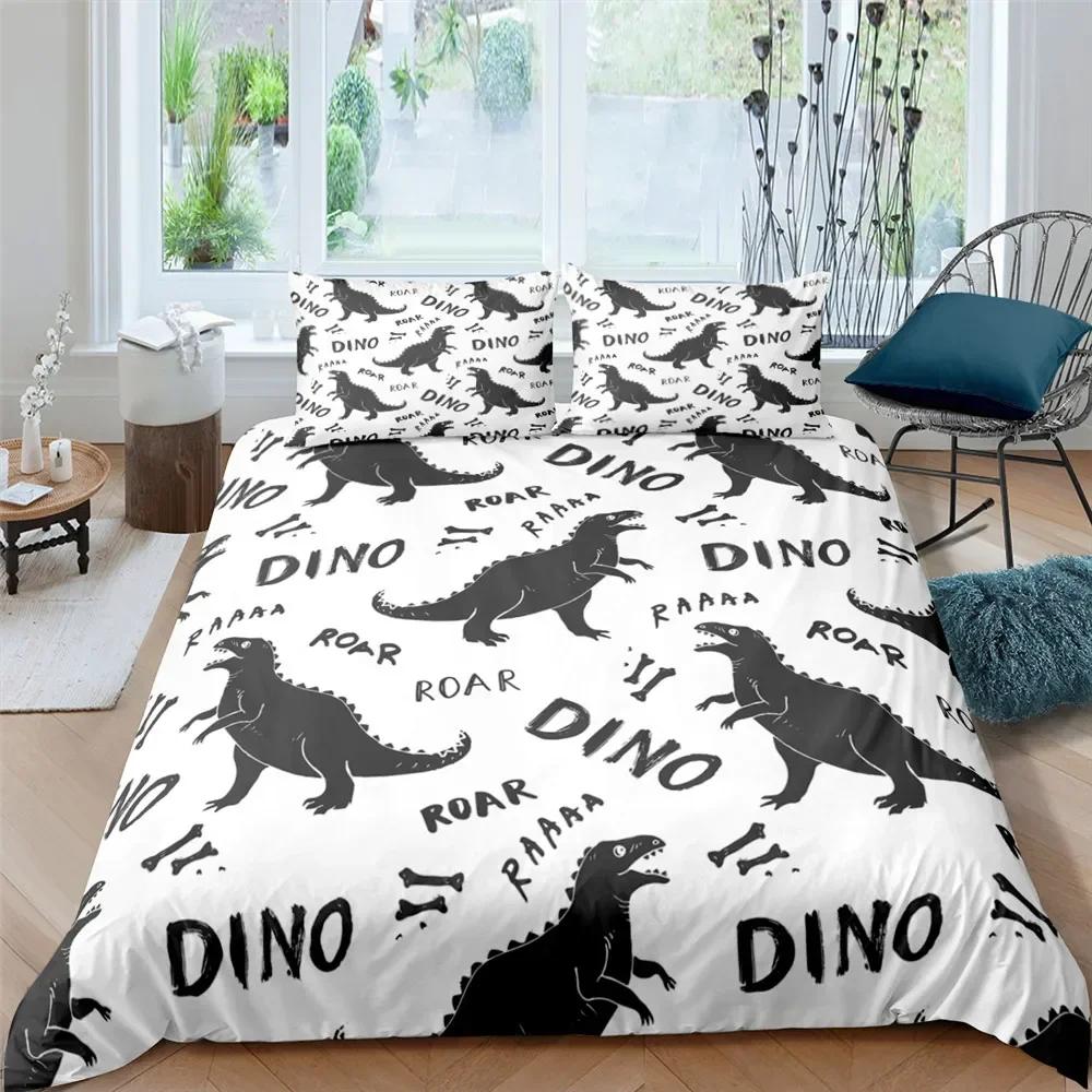 Set de lenjerie de pat 3D cu dinozauri mici de desene animate, drăguț, simplu, pentru cuplu, dimensiune king, single, pentru copii, husă de plapumă din poliester, față de pernă