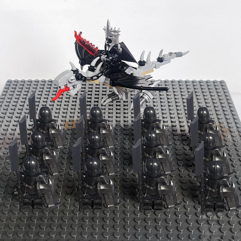 14pcs MOC Medieval Dwarf Warrior Elves Knights LotR Uruk-hai Orc Rohan Soldier with Witch King Leader Figure Building Block Toys
