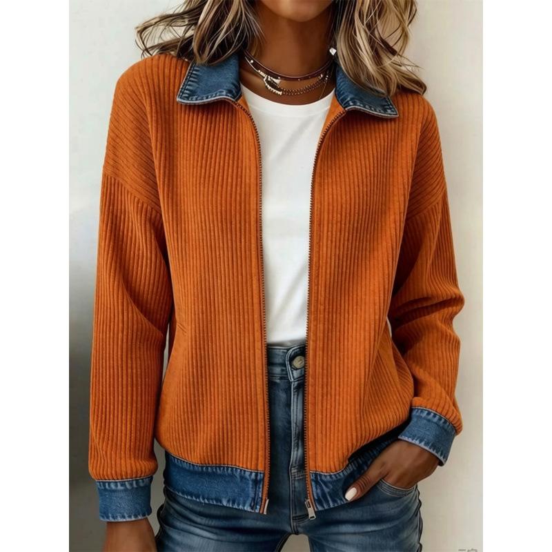 Women Multi-color Striped Chenille Zip Up Jacket Contrast Denim Collar Long Sleeve Casual Loose Sweater Cardigan