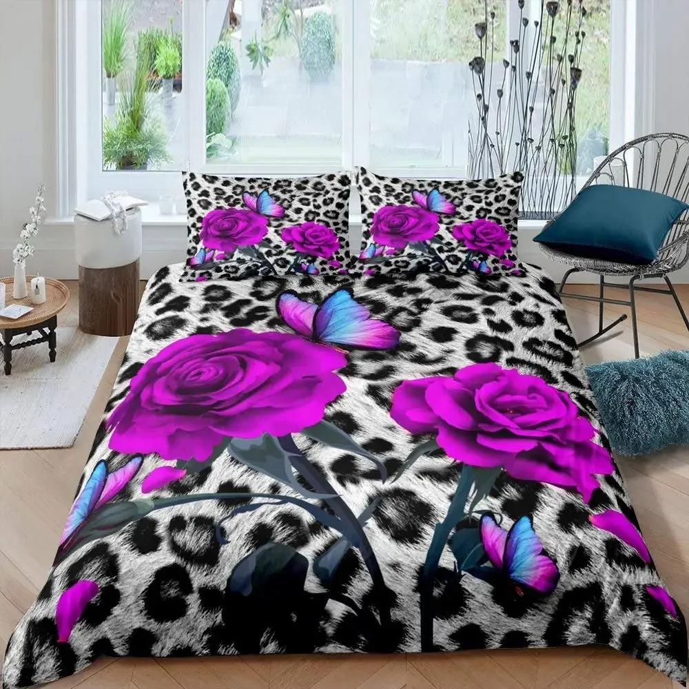 Purple Rose King Queen Duvet Cover Beautiful Butterflies Flowers Bedding Set for Teen Adults Floral 2/3pcs Polyester Quilt Cover