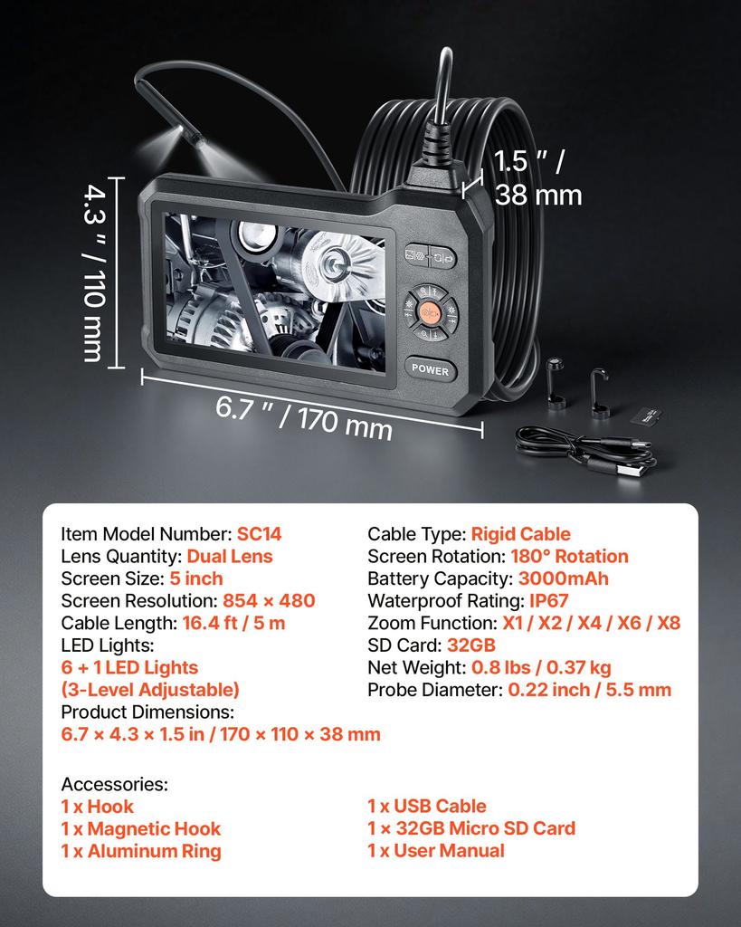 VEVOR Dual Lens Endoscope with Light, 5" HD IPS Screen Industrial Borescope Camera, 5.5mm Slim Lens, 8X Zoom