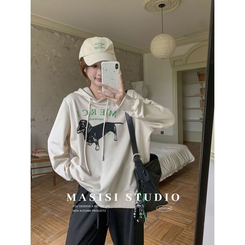 Maxi Chubby plus Size Print round Neck Long Sleeves Sweatshirt Women's Autumn Plus Size Ladies Loose Slim Looking Casual Hooded Top
