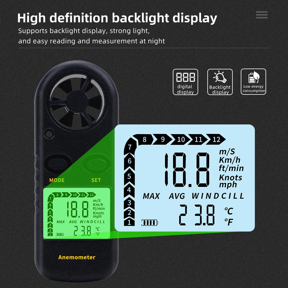 LCD Digital Anemometer Mini Pocket Wind Speed Tester 0-30m/s Air Velocity Airflow -10°C ~ 45°C Temperature Meter with Backlight