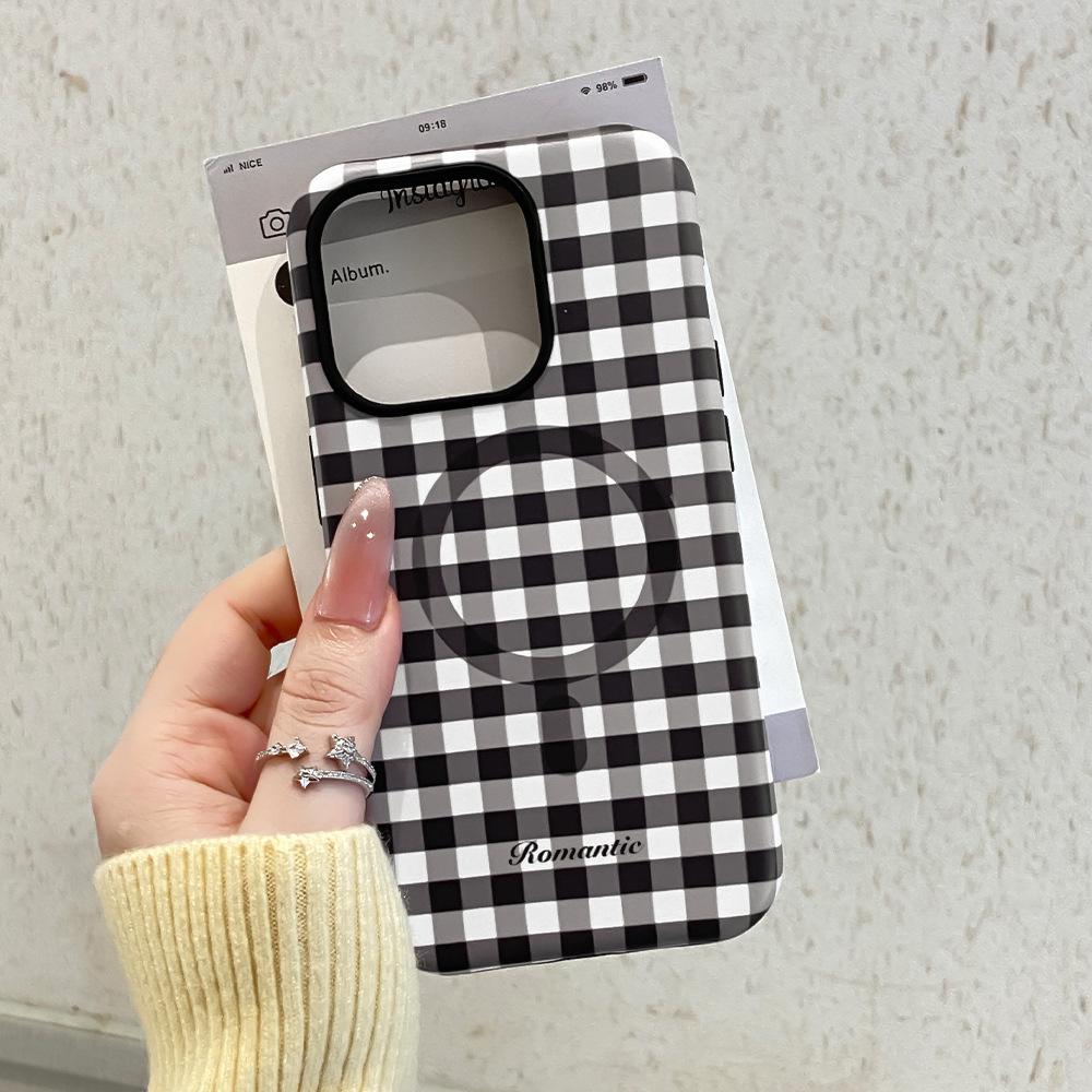Korean plaid magnetic suction 2-in-1 suitable for Apple 16Promax mobile phone case 17 bracket 15 protective case 13/11