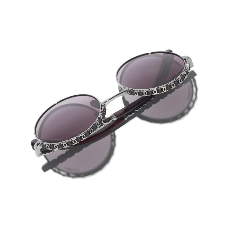 CHANEL round frame sunglasses dark silver and red red gradient lenses