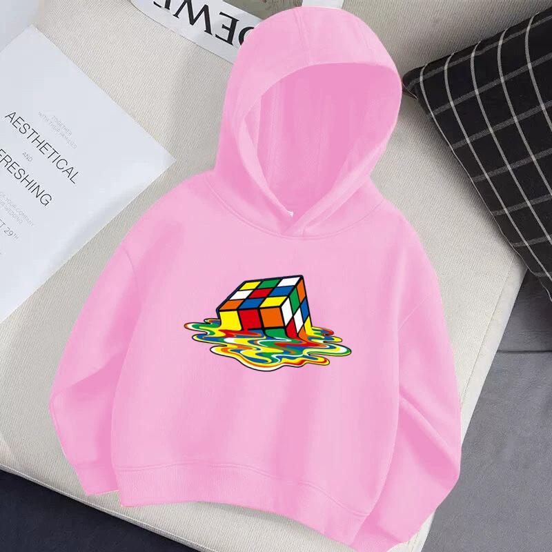 Children's Autumn Hoodie Rubik's Cube Pattern Hoodie, Magic Cube Printed Fashion Versatile Style Girls' Top