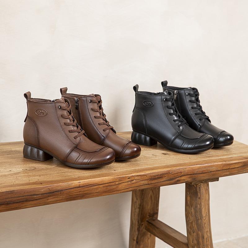 Beef tendon soft-soled genuine leather Martin boots women's thick medium heel retro short boots first layer cowhide medium mother boots
