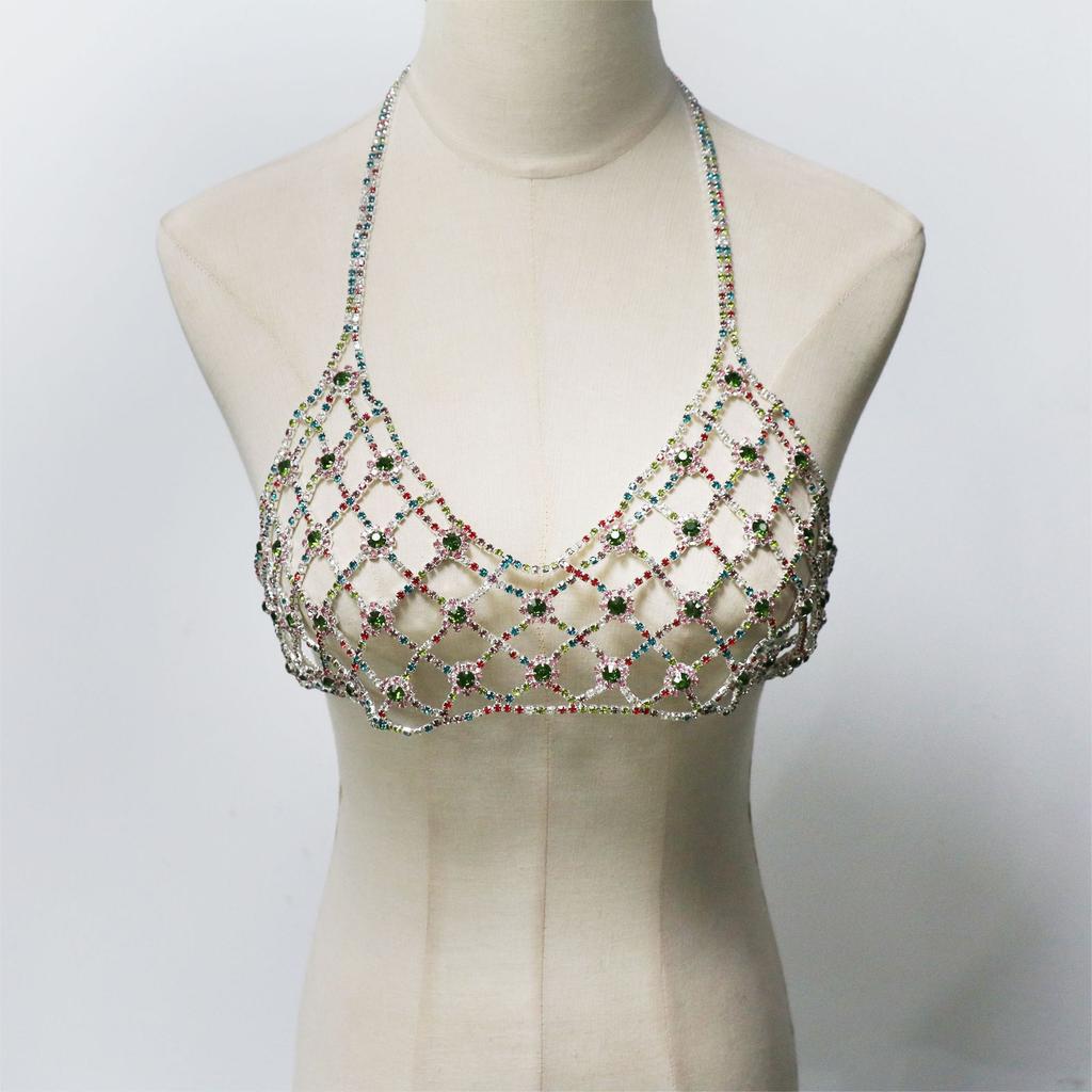European And American Jewelry, Sexy Mesh Multi-Colored Rhinestone Breast Chain, Beach Music Party Wear Jewelry