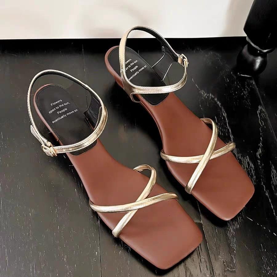 Sheepskin version~ Temperament slope heel cross with open-toed square head sandals women's one-button retro beach shoes