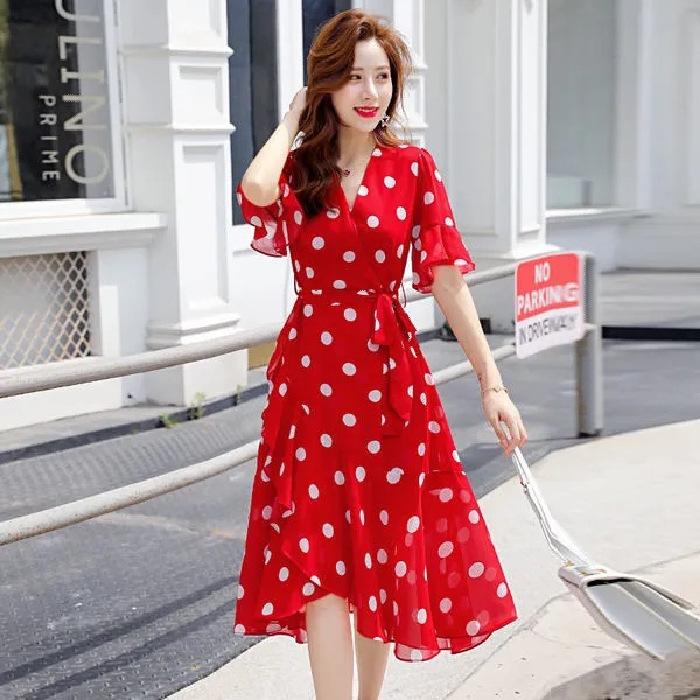 Dress Summer New Women's Clothing Korean Version Design Sense Niche Short-sleeved Polka Dot Skirt Polka Dot Little Red