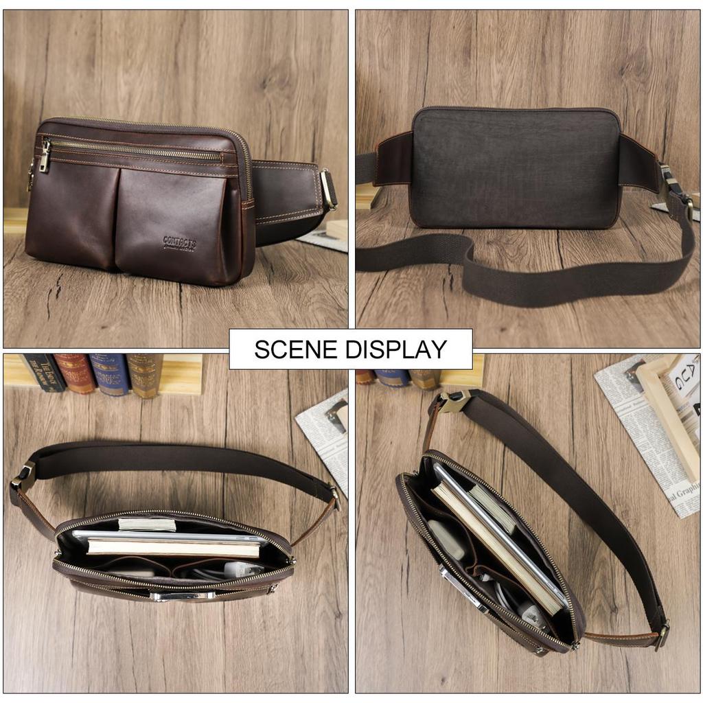 CONTACT'S Genuine Leather Crossbody Bag for Men 2025 New Style Male Waist Bags for 7.9 Inch iPad Men's Travel Money Pouch Crossbody Fanny Belt Bags