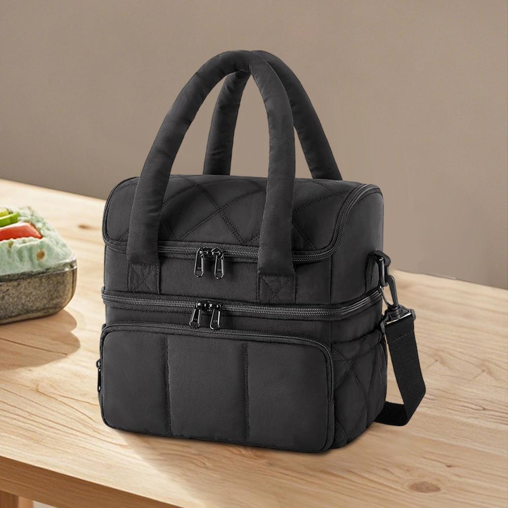 

Insulated Portable Double Deck Lunch Bag for Women Reusable Food Thermal Handbag Waterproof Bento Top Handle Bag for Work Picnic чёрный