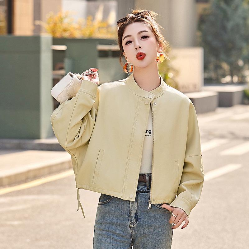 Women's Casual PU Leather Jacket with Stand Collar, Spring/Autumn 2025, Loose Fit, Small Size, XG9961