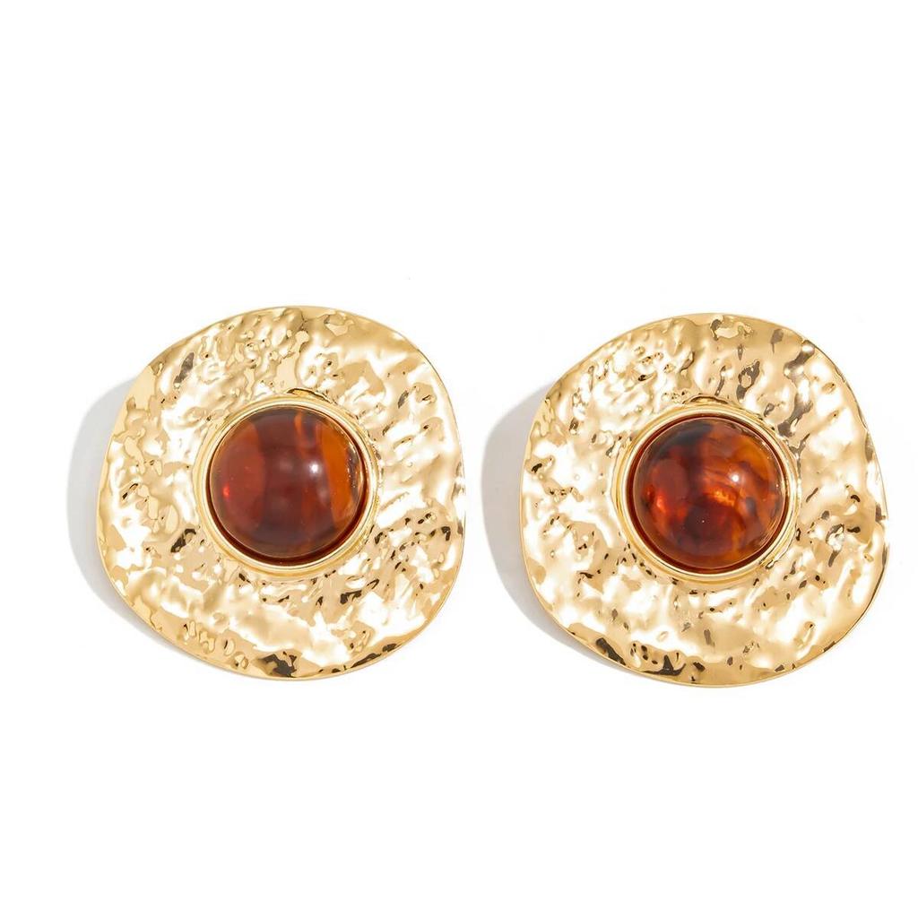 Salircon Classic Elegant Inlaid Brown Resin Earrings Women Vintage Geometric Round Earring Daily Wear Accessories Jewelry Gift