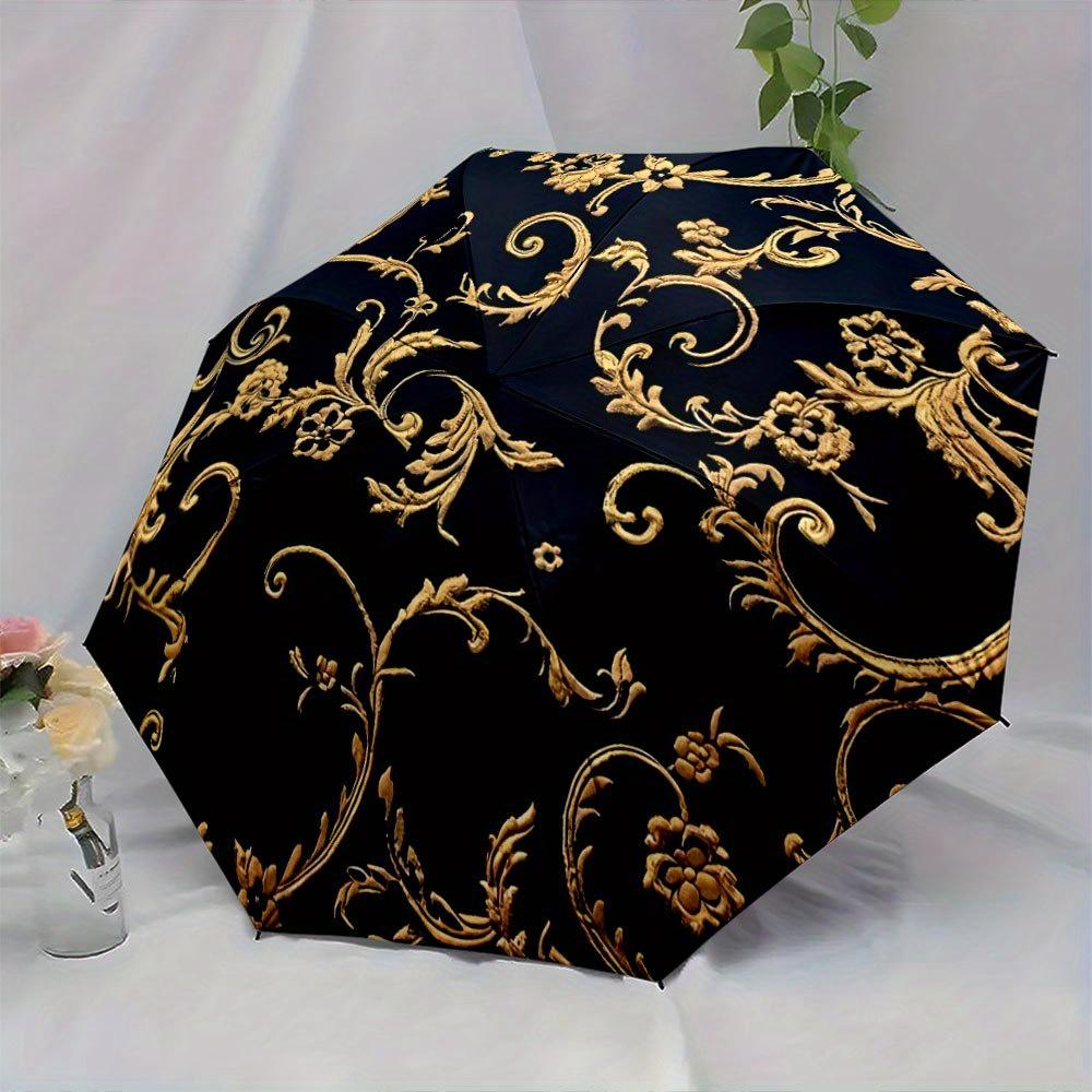 Automatic Folding Umbrella with Golden & Black Luxury Design - 8-Rib Compact Portable Umbrella with Handle & Automatic Opening
