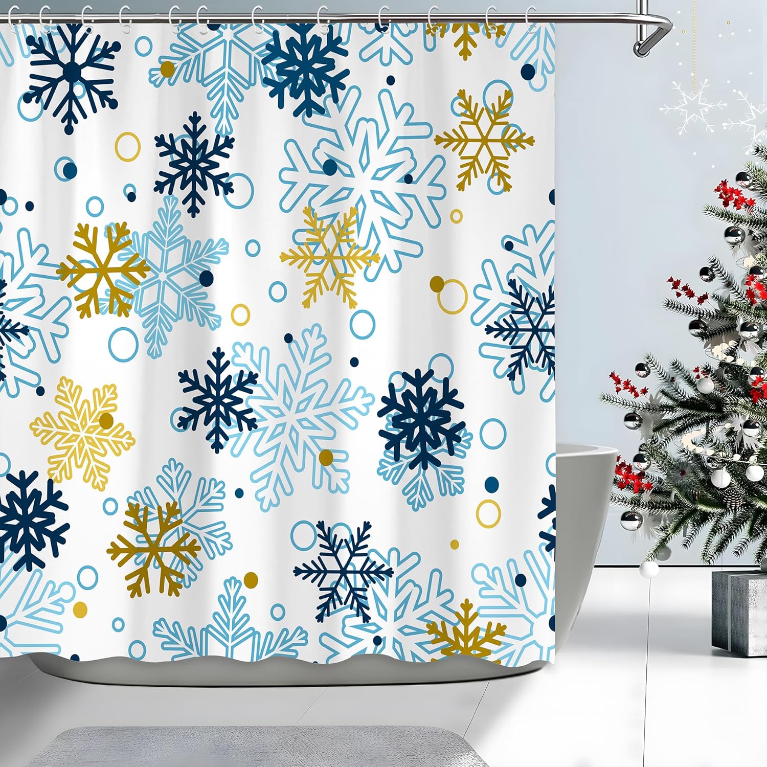 Snowflake Shower Curtain Winter Holiday Blue Gold Pattern Christmas Bathroom Decor Waterproof Fabric Seasonal Theme Home 90x180cm35x71in
