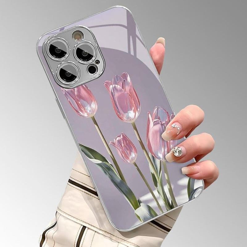 Pink Glass Tulip Pattern Tempered Glass Electroplated Silver Phone Case For Samsung Galaxy S25 S24 S23 Ultra Plus FE Cover