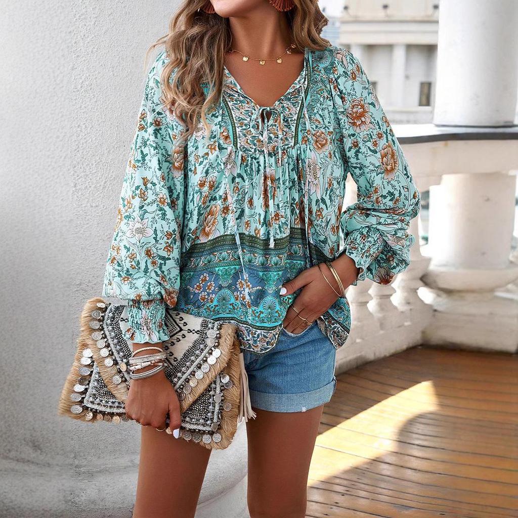 2025 Bohemian V-Neck Lace-Up Long-Sleeve Loose Fit Top for Women