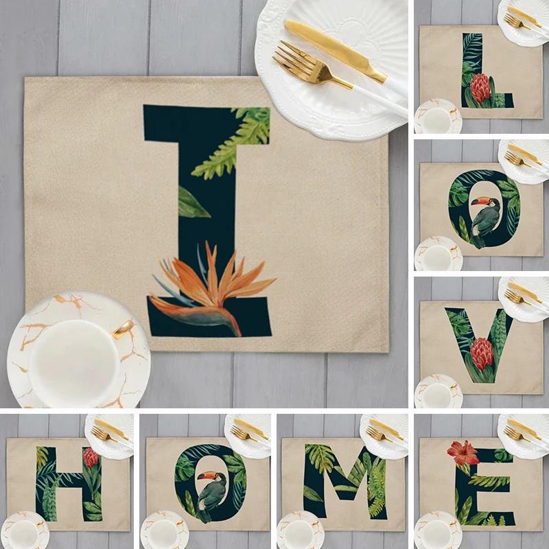 30x45cm Alphabet Letters Linen Kitchen Placemat Botanical Plant Green Tropical Leaves Dining Table Mats Coaster Pad