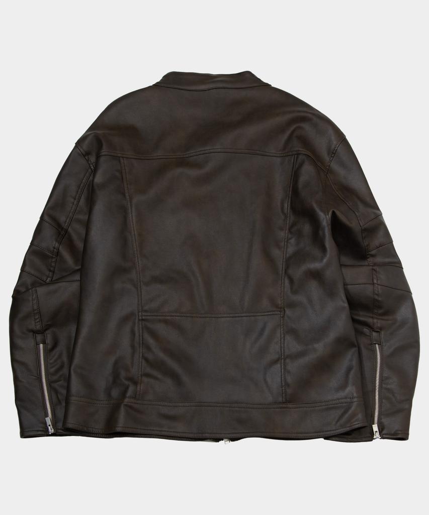 Placestudioman Vintage Track Washed Mandarin Collar Leather Jacket With Sleeve Cut-Out Details [Brown]