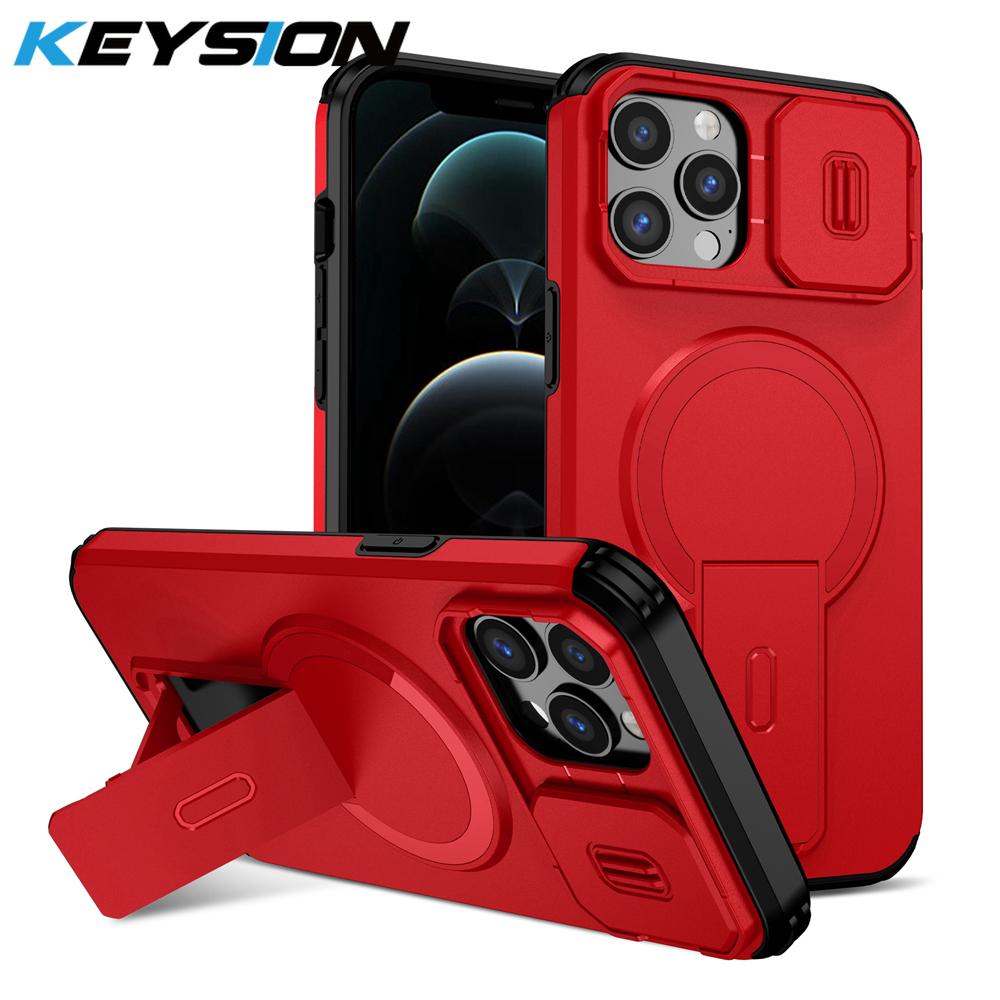 KEYSION Shockproof Magnetic Case for iPhone 11 12 Pro Max Slide Camera Lens Protect Kickstand Wireless Charging Phone Back Cover