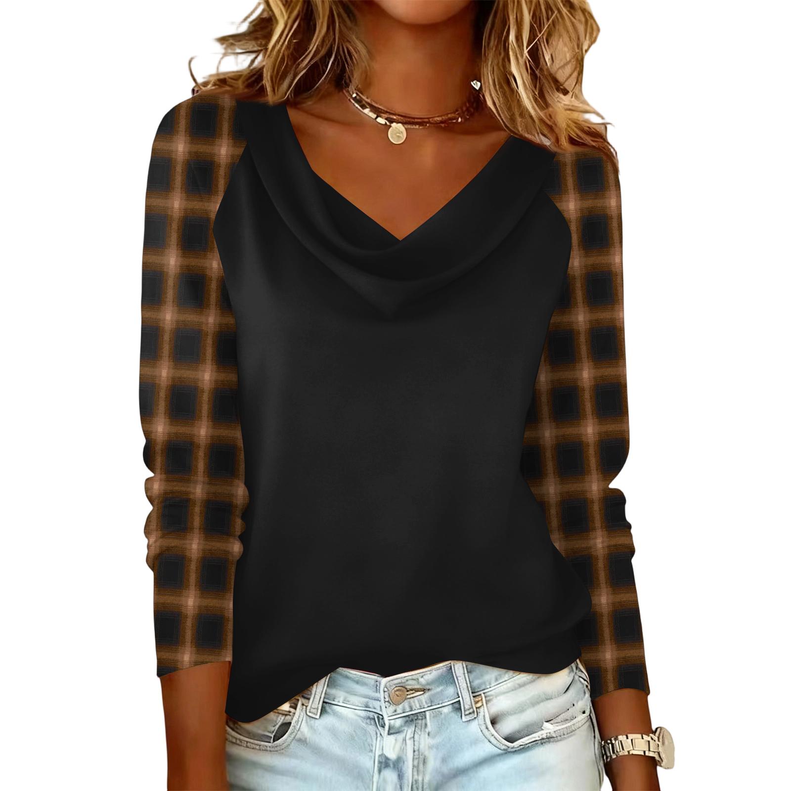 

Long Sleeve Shirts for Women Womens Long Sleeve Tops Long Sleeve Tops for Women Womens Long Sleeve T Shirts with Plaid Print Cowl Neck Casual Style XL верблюд