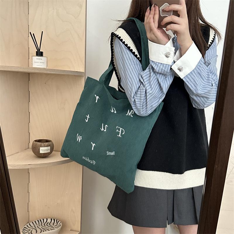 Korean Corduroy Embroidered Tote Bag for Students - Artistic Autumn/Winter Design