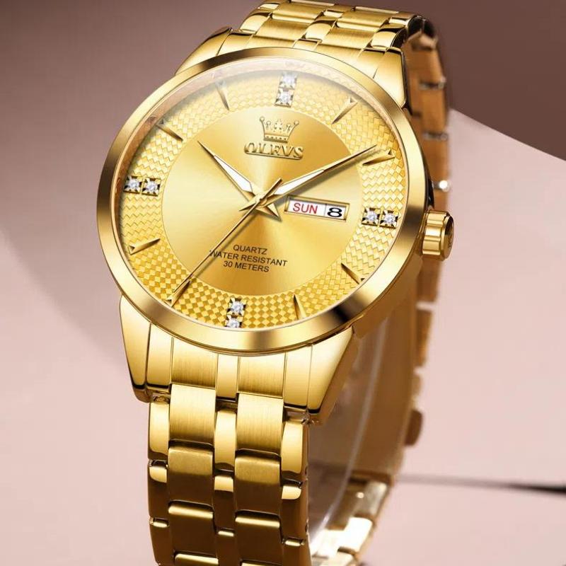 OLEVS Gold Watch for Men Waterproof Luminous Date Fashion Classic Stainless Steel Wristwatch Business Quartz Watches