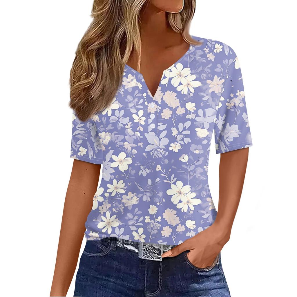 Damen T-Shirt mit Aufdruck und Knopfleiste, kurzärmelig, für den Alltag, Wochenende, modisch, Basic, V-Ausschnitt, normales Oberteil