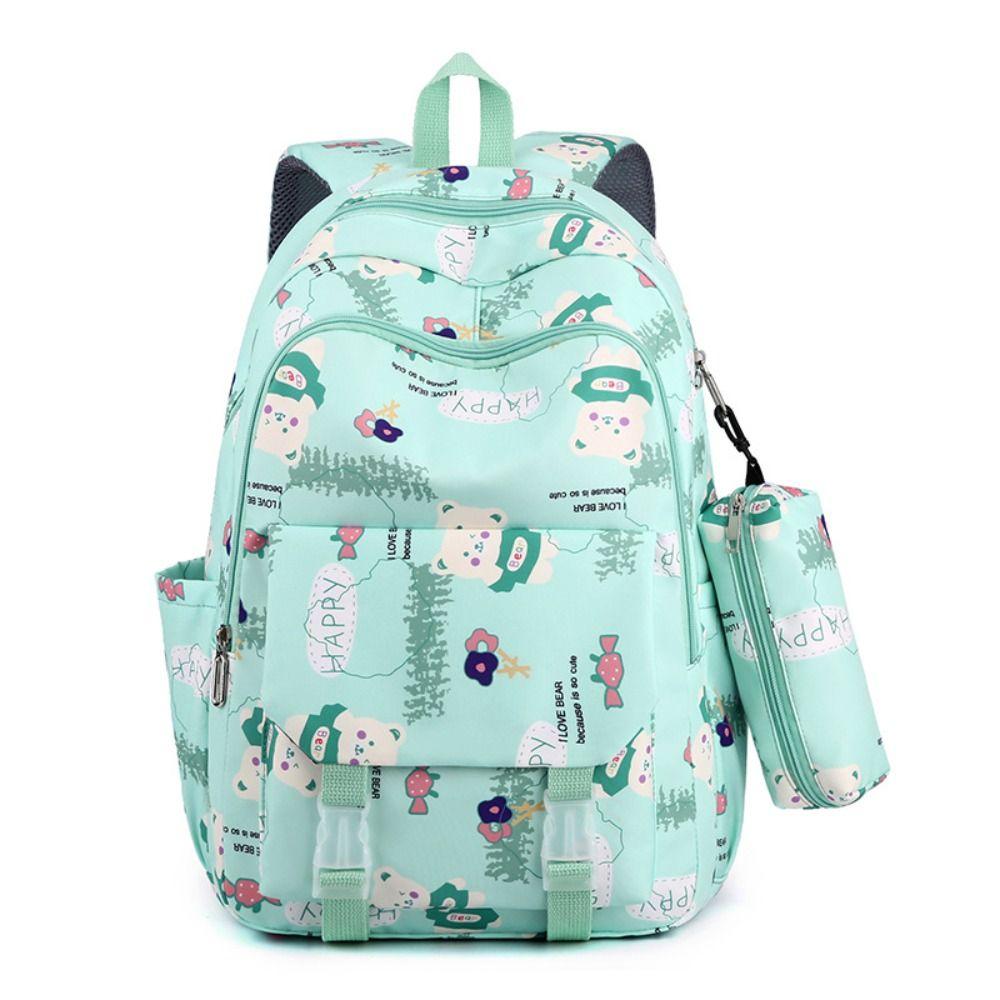 

Bear Printing Pattern Korean Style School Bag Solid Color Casual Knapsack Girls зелёный
