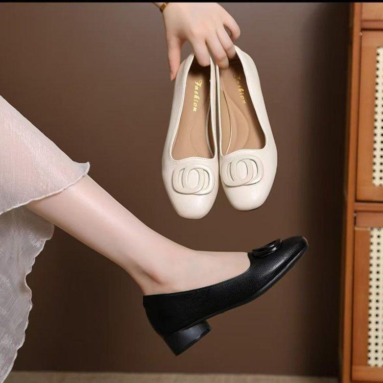 Square head single shoes spring new soft leather shoes light mouth thick heel soft sole leather shoes