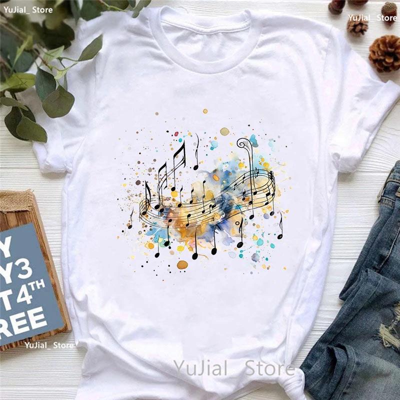 Watercolor Music Note Flowers Print T Shirt Girls Summer Fashion Tshirt Womem Hip Hop Tshirt Femme Harajuku Shirt Streetwear