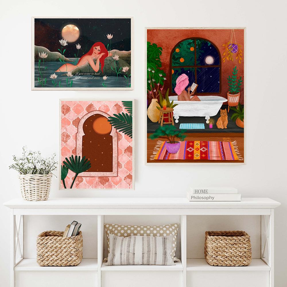 Buckelwal-Mädchen Kunstdruck marokkanischen Fenster Katze Nickerchen abstrakte Landschaft Leinwand Malerei Poster nordischen Frau in Badewanne Bild Wand-Dekor