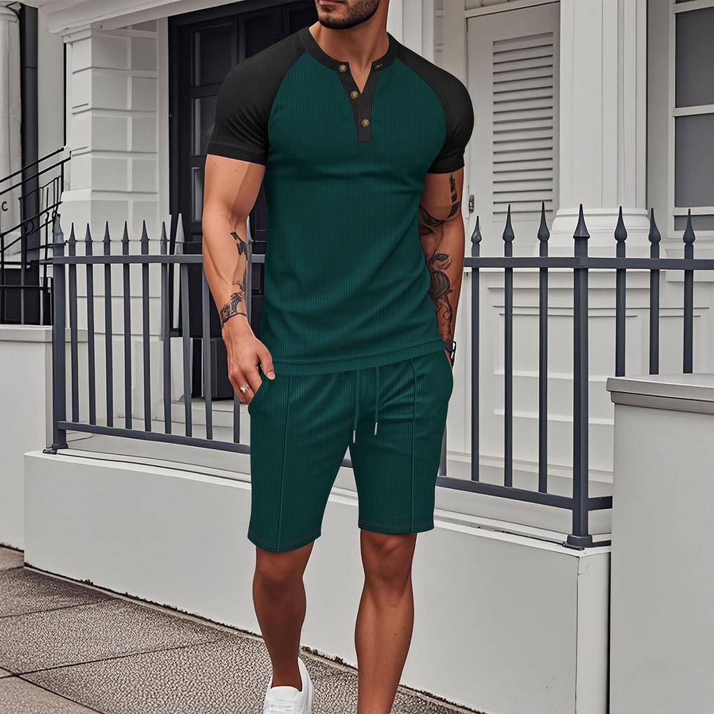 Men's Short Sleeved Shorts Suit Men's Color Matching Casual Round Neck Short Sleeved Shorts Suit