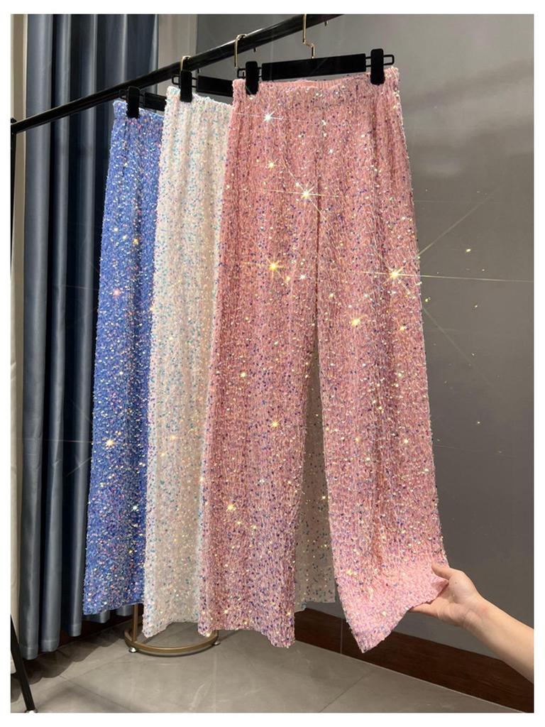 Women's Korean Velvet Sequined Wide-Leg Pants: Slim-Fit, Floor-Length, Shiny Drape Casual Wear for Autumn and Winter