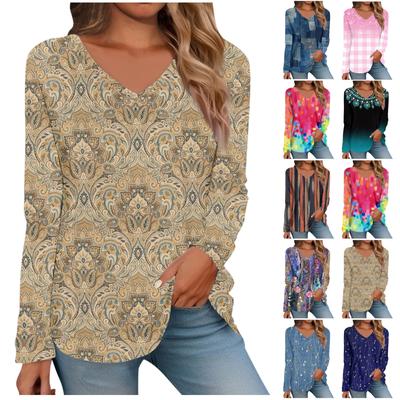 Mujer Camiseta Retro Estampado Manga Larga Diario Fin de semana Diario Básico Escote en Pico Regular Otoño Invierno Tops