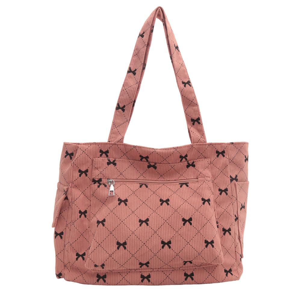 Bow Pattern Armpit Bag Corduroy Handbag Large Capacity Women Tote Bag Multi-pockets Fashion Shoulder Bag Casual Commuter Bags розовый