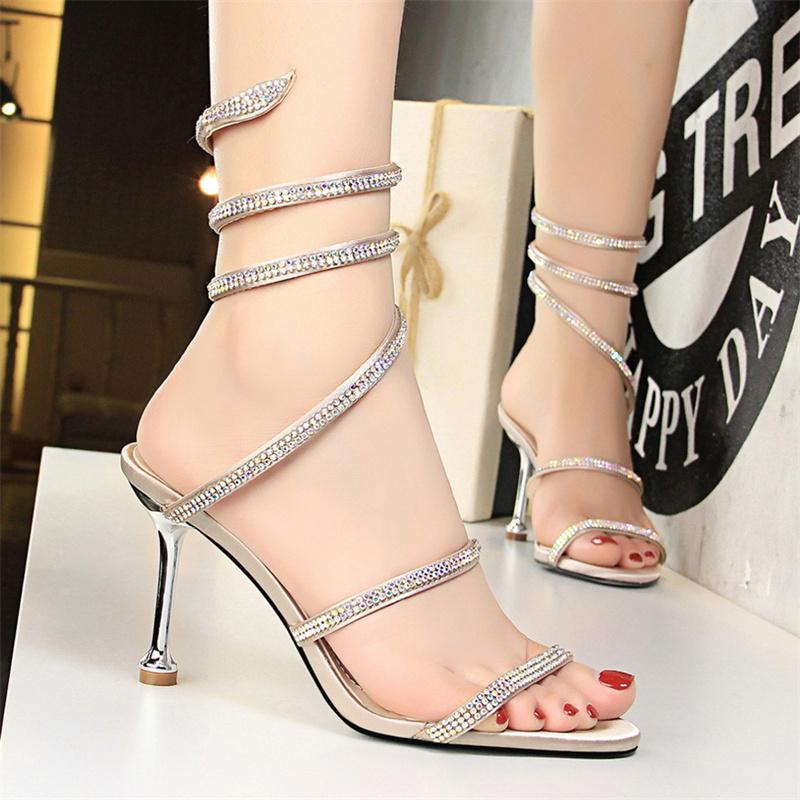 Luxury Rhinestones  Snake Coiled Women Stiletto Heels  Sandals Summer Fashion Open Toe Wedding Bridal  Black Red Pumps