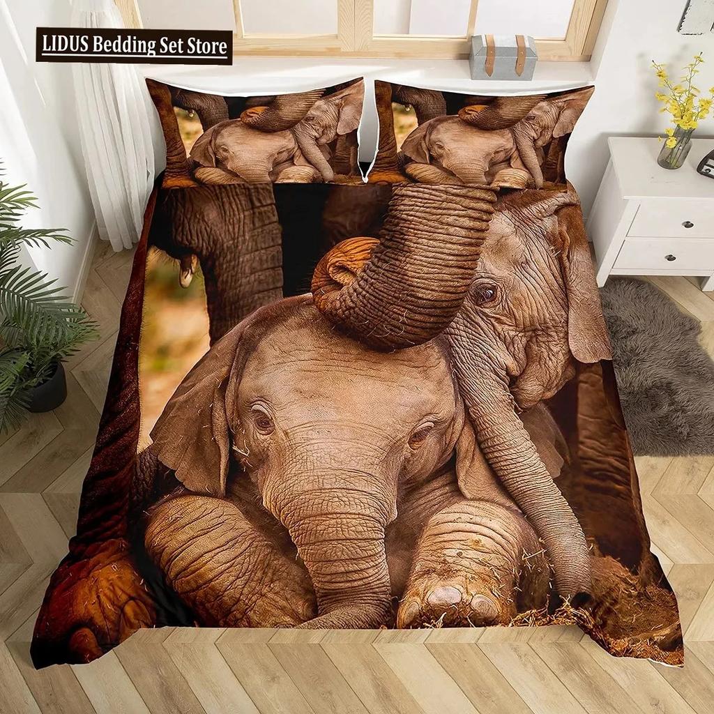 3D Elephant Duvet Cover Set Queen Size African Safari Animal Comforter Set Wildlife Bedding Set Retro Wall Decor Bedspread Cover