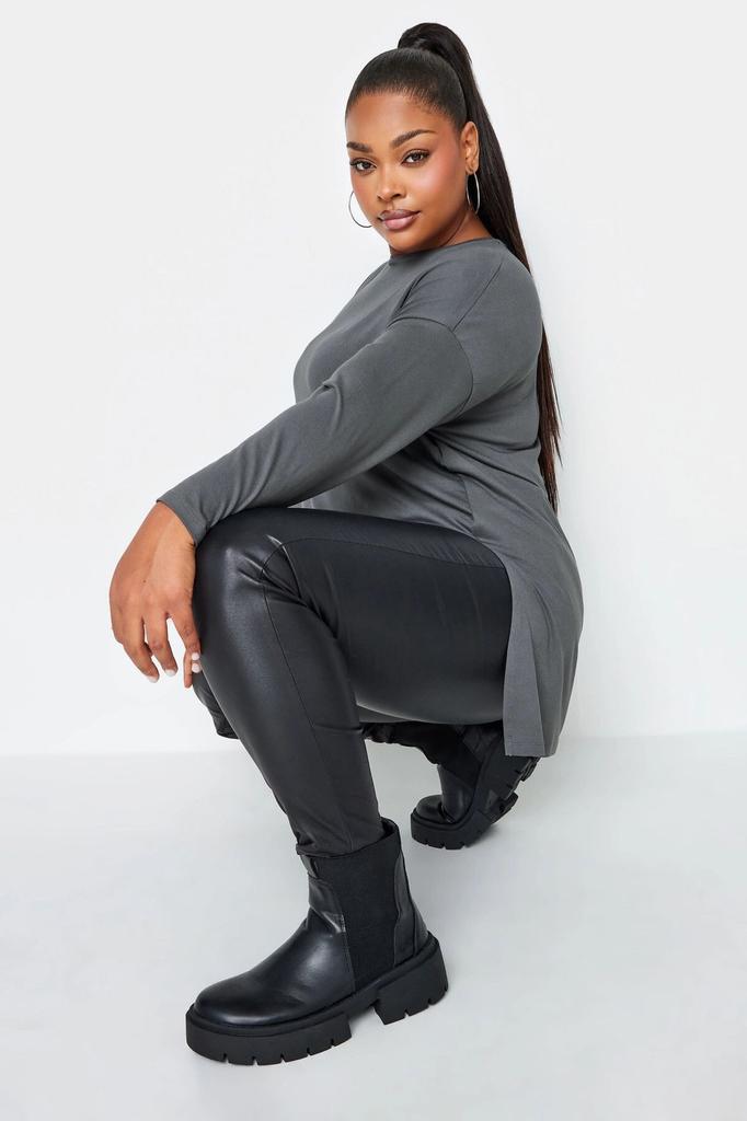 Women's Big Size Blouse Plus Size Crew Neck Slit Detailed Long Sleeve Oversize Blouse 321293