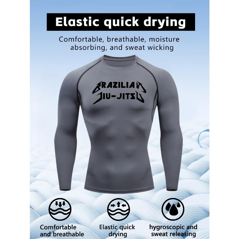 Men's Black Long Sleeve Brazilian Jiu-Jitsu Print Compression Rash Guard, Elastic Quick Drying Breathable Moisture Wicking BJJ & MMA Training Top