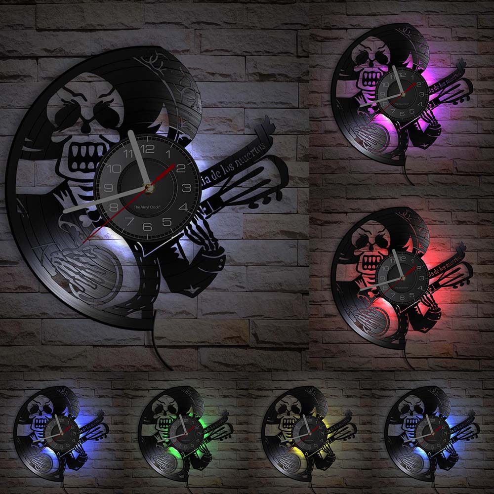 Schädel-Kopf-Vinyl-Schallplatten-Wanduhr im Alter von Skelett-Kopf-Wanduhr, Skelett-Vampir-Männer, Halloween-Dekor, Wandbehang-Uhr