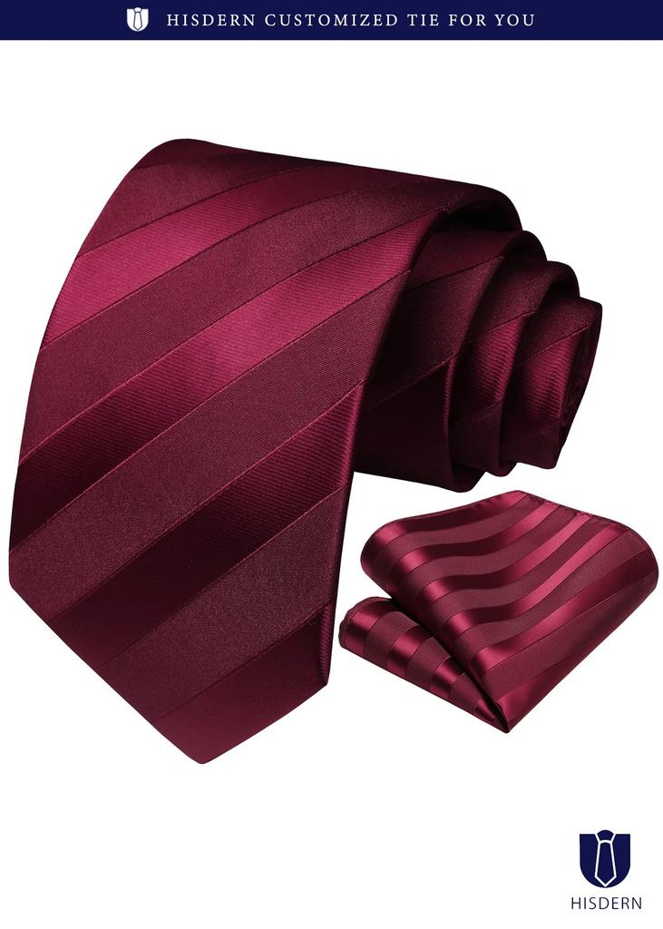[HISDERN] Rote Krawatte, Hochzeitskrawatte, Herrenkrawatte und Einstecktuch Set, Gestreiftes Muster, Formell, Business, Marke, Formelle Kleidung, Feier, Geschenk für Herren