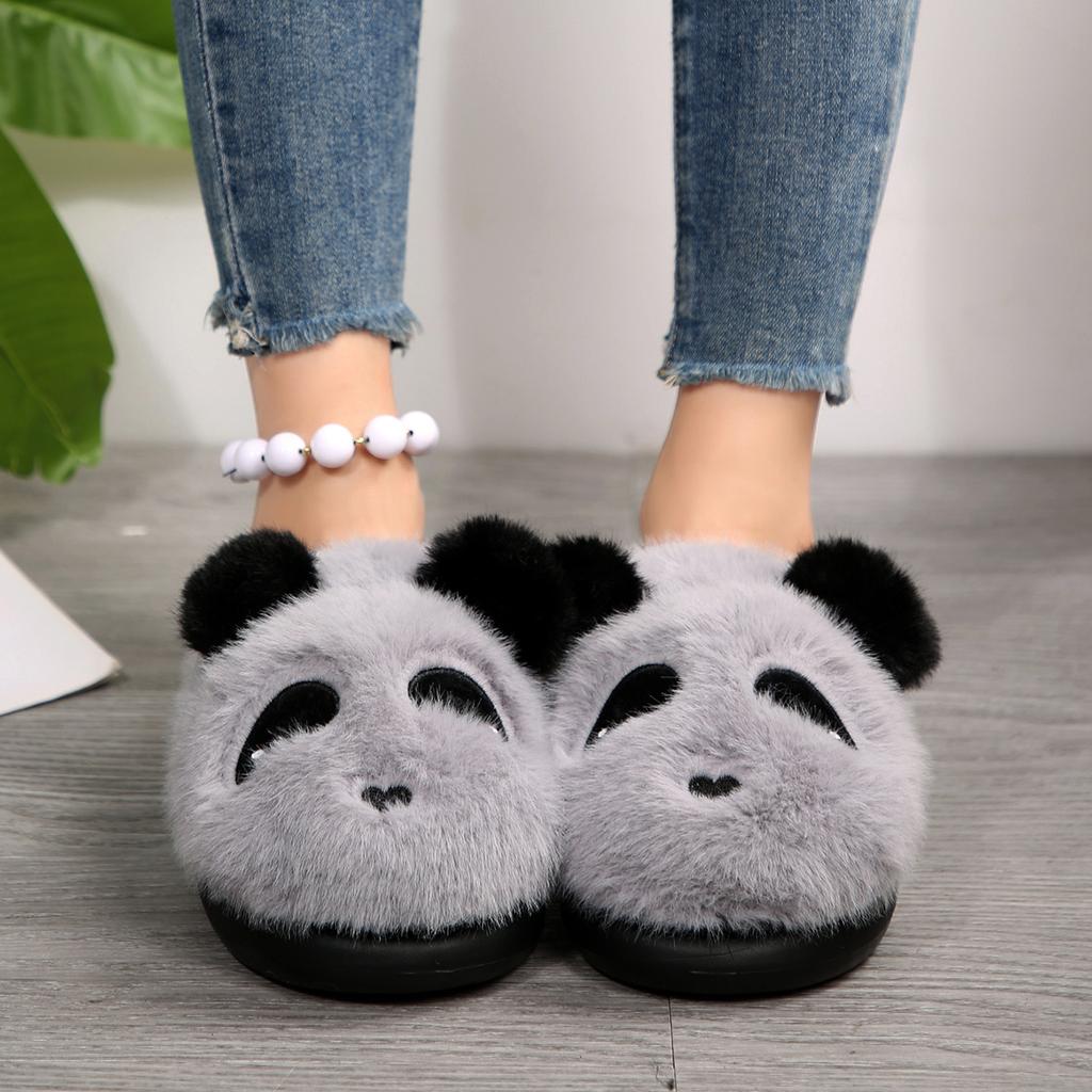 Fashion Cute Panda Fluffy Fur Indoor Slippers Women 2025 Winter Warm Short Plush Flat Heel Home Slippers Comfort Non Slip House Slides