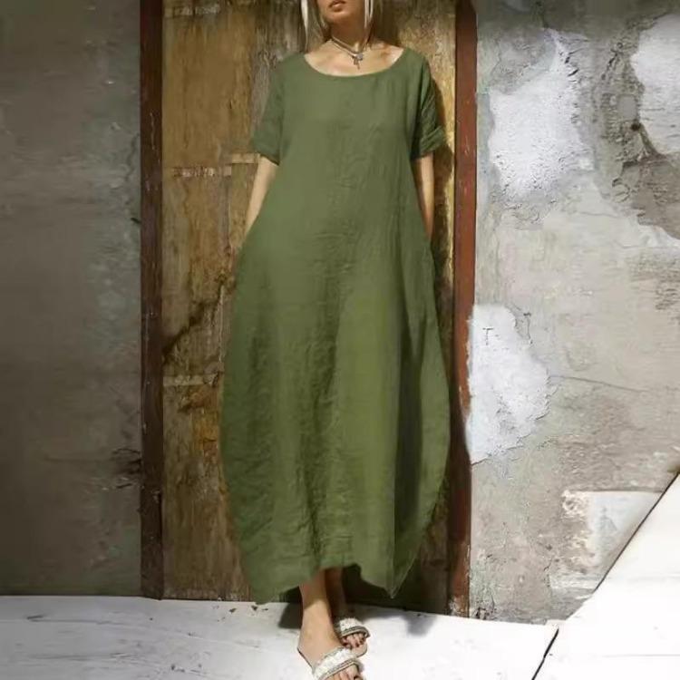 Women's Casual Dresses - Women's Cotton Linen Dress Loose Fit Round Neck Slit Belted Design Round Neck Short Sleeved Loose Dress