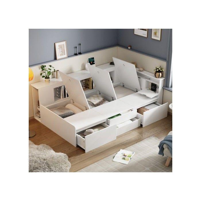 Lit D'enfant - MUVOE - 90x200 Cm - Blanc - Avec Tiroirs - Design Multifonctionnel